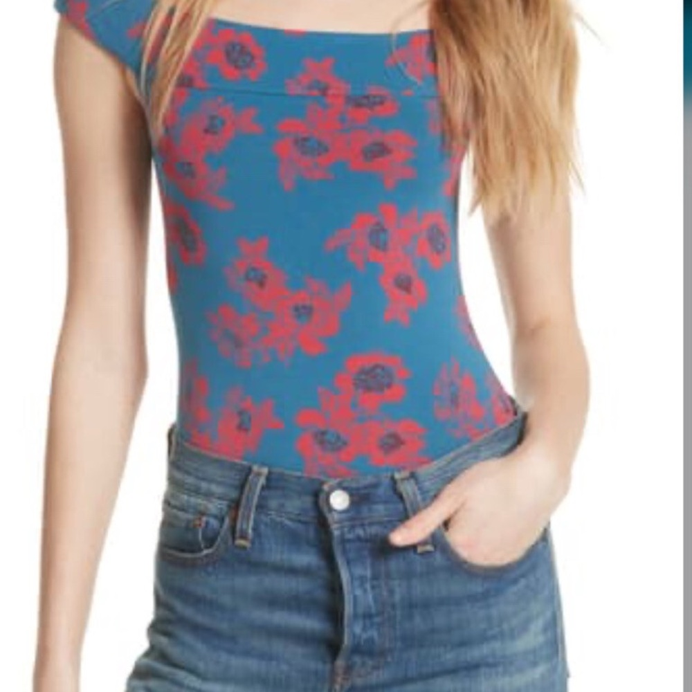 Free People So Much Off The Shoulder Bodysuit Floral Teal Blue Red Combo Sz XS